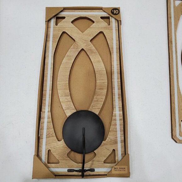 Wall Decor Set of 2 Hanging Candle Sconce Wood with Black Holder Ready to Hang - Picture 3 of 9